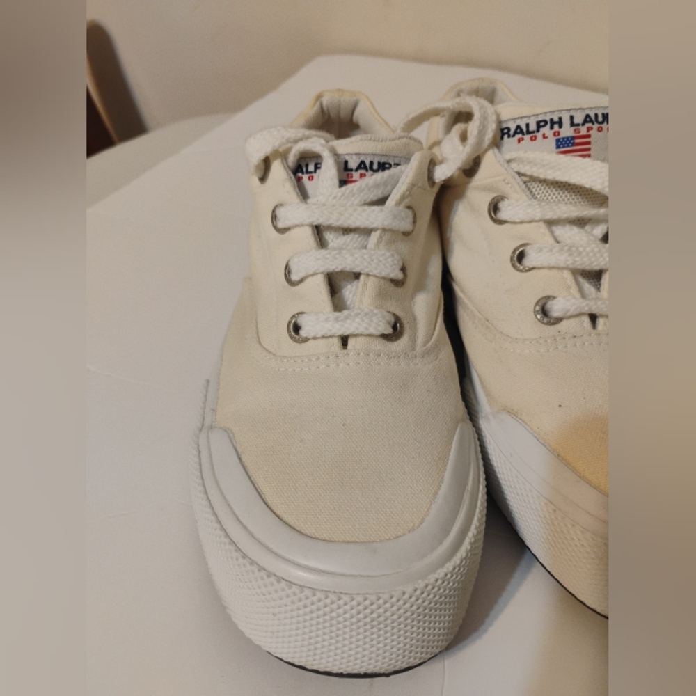 Polo Sport Ralph Lauren Canvas Shoes Size 7 1/2 Cream Spellout Deck Shoes - Picture 2 of 16